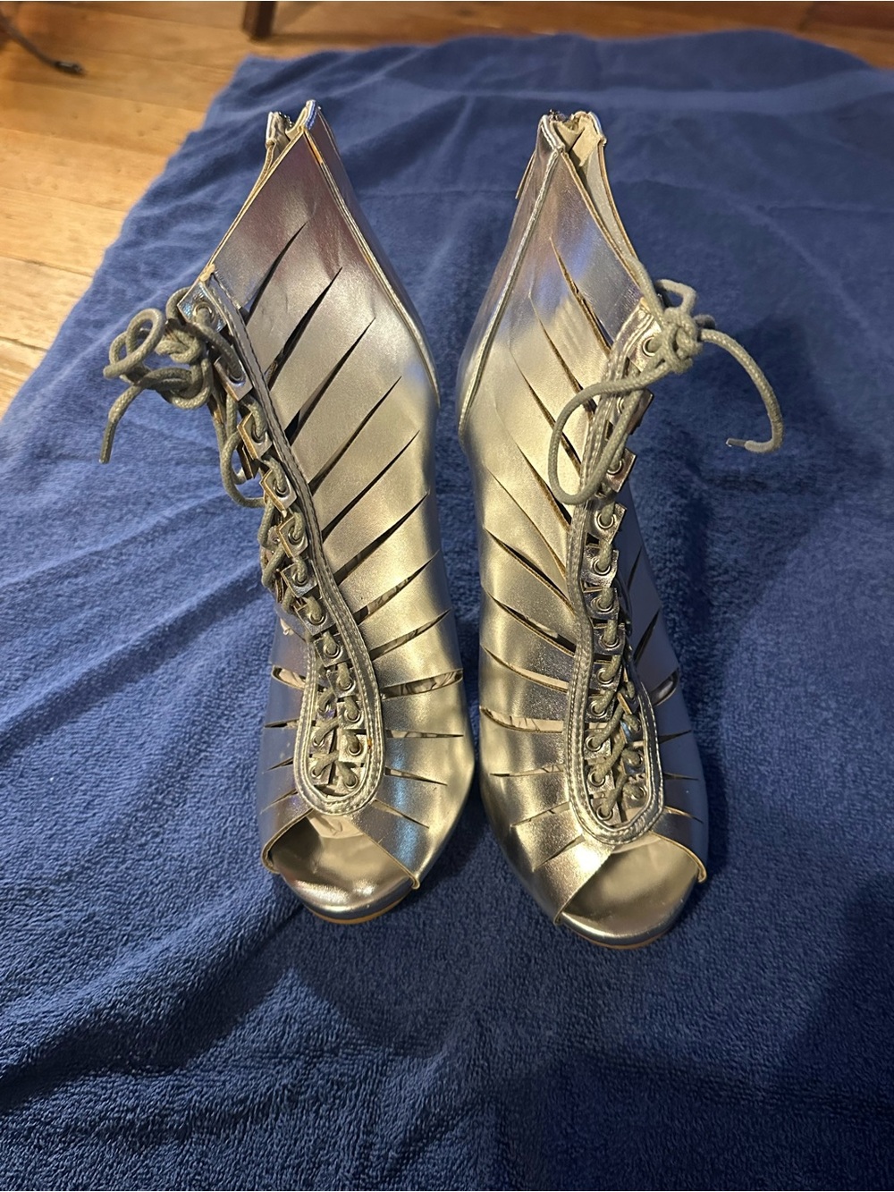 Bella Marie Metallic Silver Lace-Up Peep Toe Heels